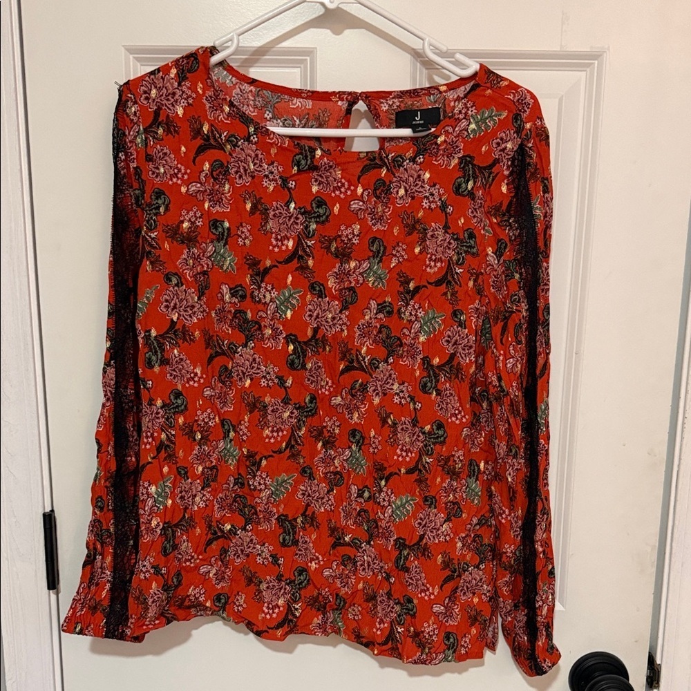 J Jason Wu Long Sleeve Foil Print Woven Blouse w/ Lace Trim  size Small